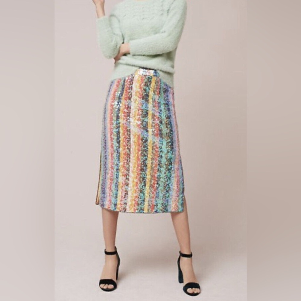 RARE Anthropologie Maeve Sequin Rainbow Stripped Skirt NWT Sz O Midi Slit